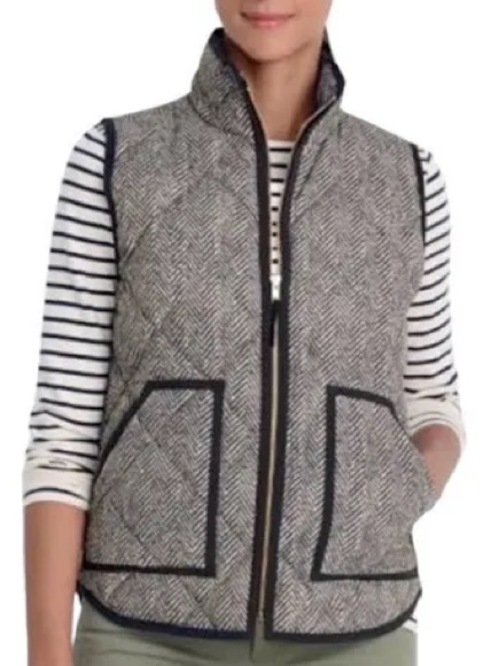 J. CrewQuilted Herringbone Stand-Collar Down Vest - Gray S Cozy Warm Equestrian